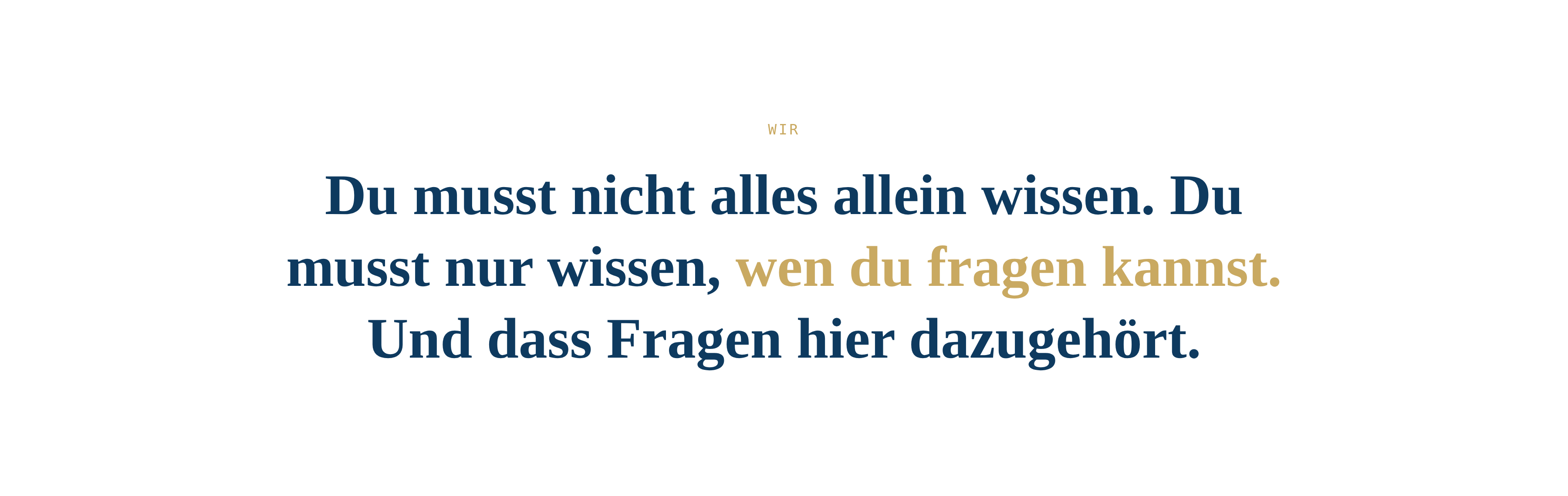 WIR  Du musst nicht alles allein wissen. Du musst nur wissen,&nbsp;wen du fragen kannst. Und dass Fragen hier dazugeh&ouml;rt.