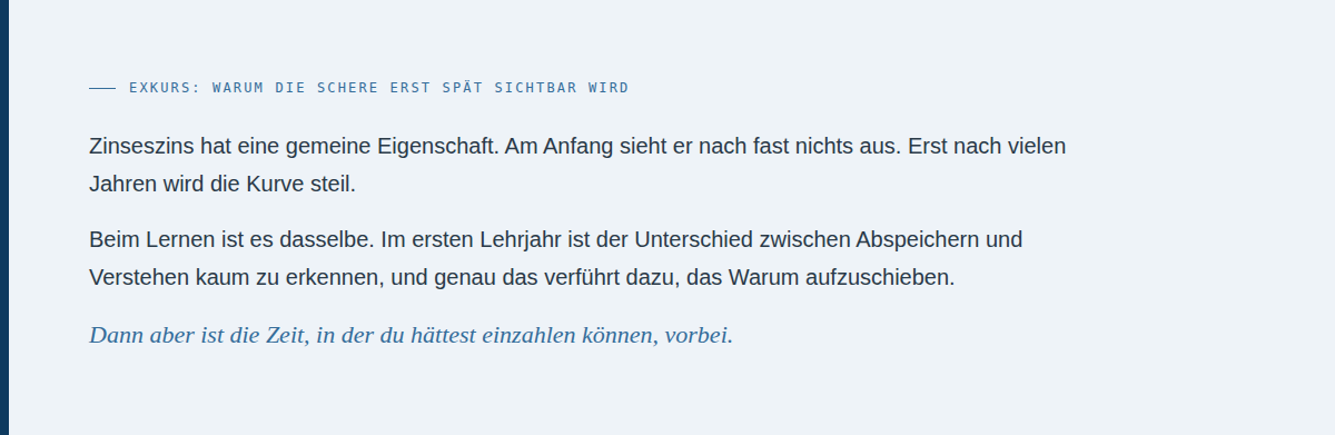 Hellblau-graue Textkarte mit schmalem Navystreifen am linken Rand. Blaue Eyebrow-Zeile: "Exkurs: Warum die Schere erst sp&auml;t sichtbar wird". Darunter drei Abs&auml;tze in dunkelblauem Flie&szlig;text: "Zinseszins hat eine gemeine Eigenschaft. Am Anfang sieht er nach fast nichts aus. Erst nach vielen Jahren wird die Kurve steil." Dann: "Beim Lernen ist es dasselbe. Im ersten Lehrjahr ist der Unterschied zwischen Abspeichern und Verstehen kaum zu erkennen, und genau das verf&uuml;hrt dazu, das Warum aufzuschieben." Abschluss in Blau-Kursiv: "Dann aber ist die Zeit, in der du h&auml;ttest einzahlen k&ouml;nnen, vorbei."